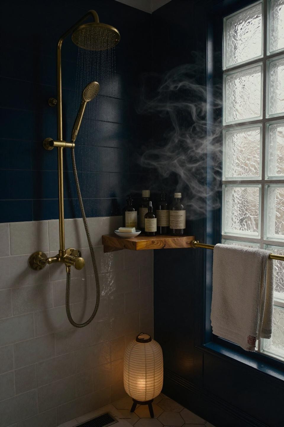 moody master bath with double rainfall and handheld shower system against deep navy shiplap accent wall and aged ivory subway tiles