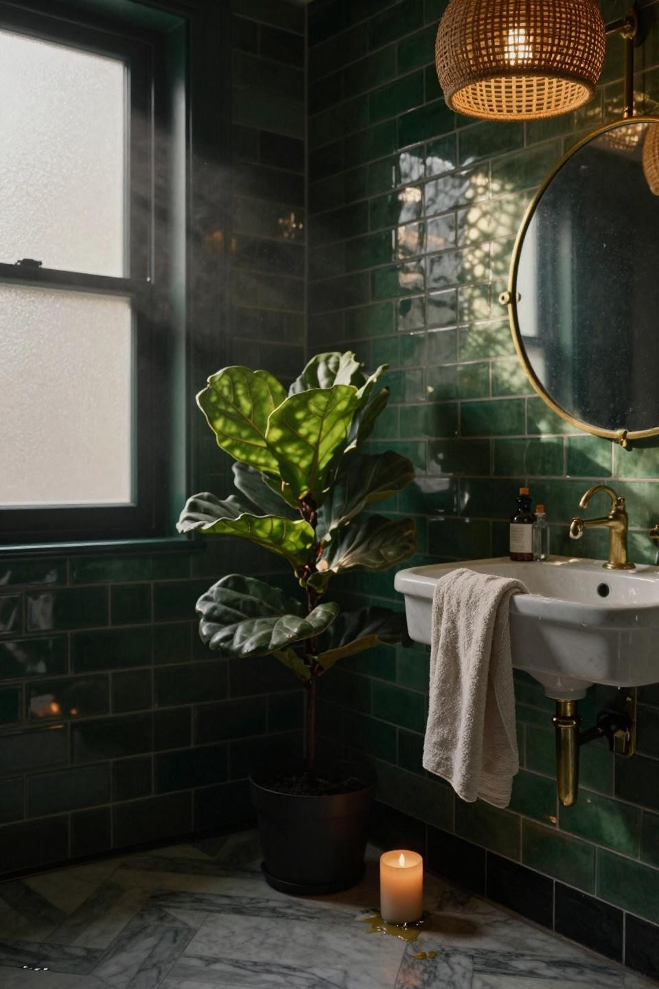 vintage bathroom design with circular brass apothecary cabinet and herringbone carrara marble floors with potted fiddle leaf fig