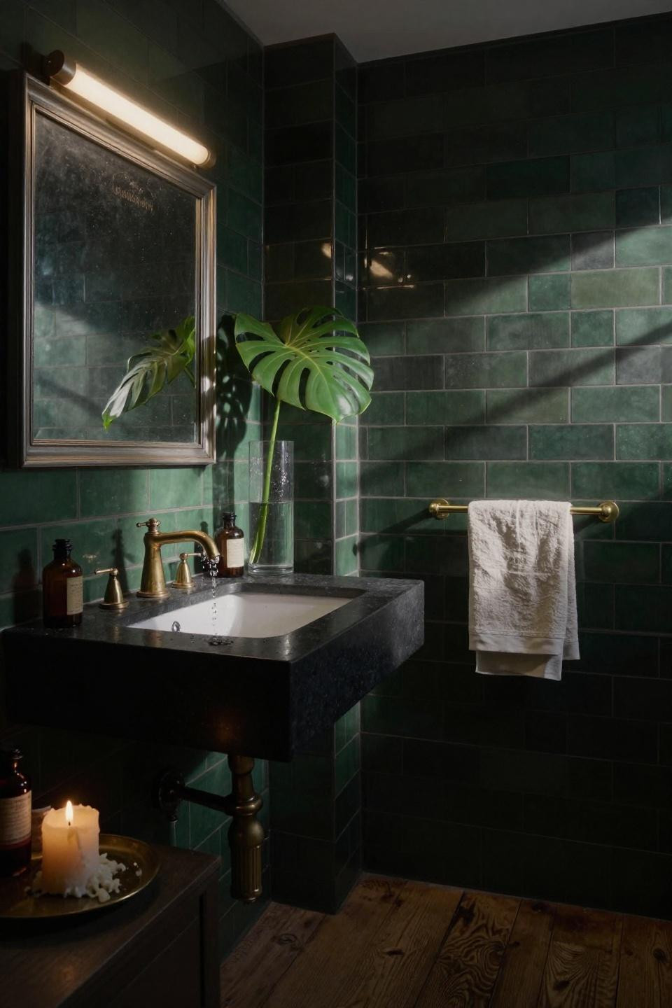 dark moody bathroom ideas with forest green subway tile wainscoting and honed black slate countertop with brass fixtures