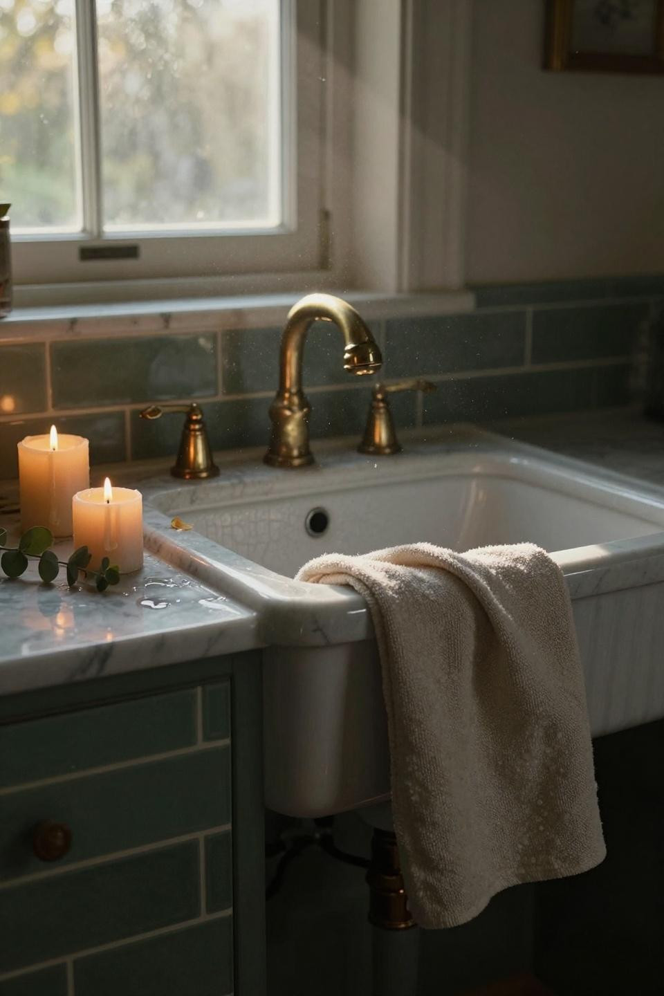 vintage bathroom ideas with deep porcelain farmhouse sink on bianco dolomiti marble countertop and forest green subway tile wainscoting