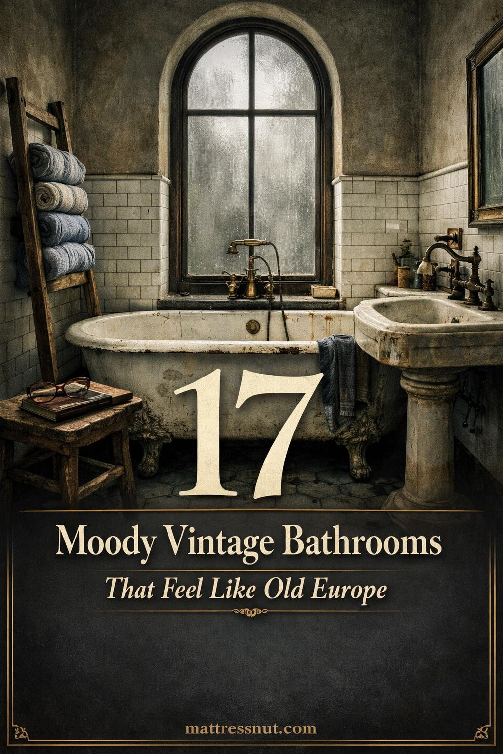 Dark vintage bathroom featuring aged brass fixtures, clawfoot tub, weathered mirrors, and antique tile work in muted tones