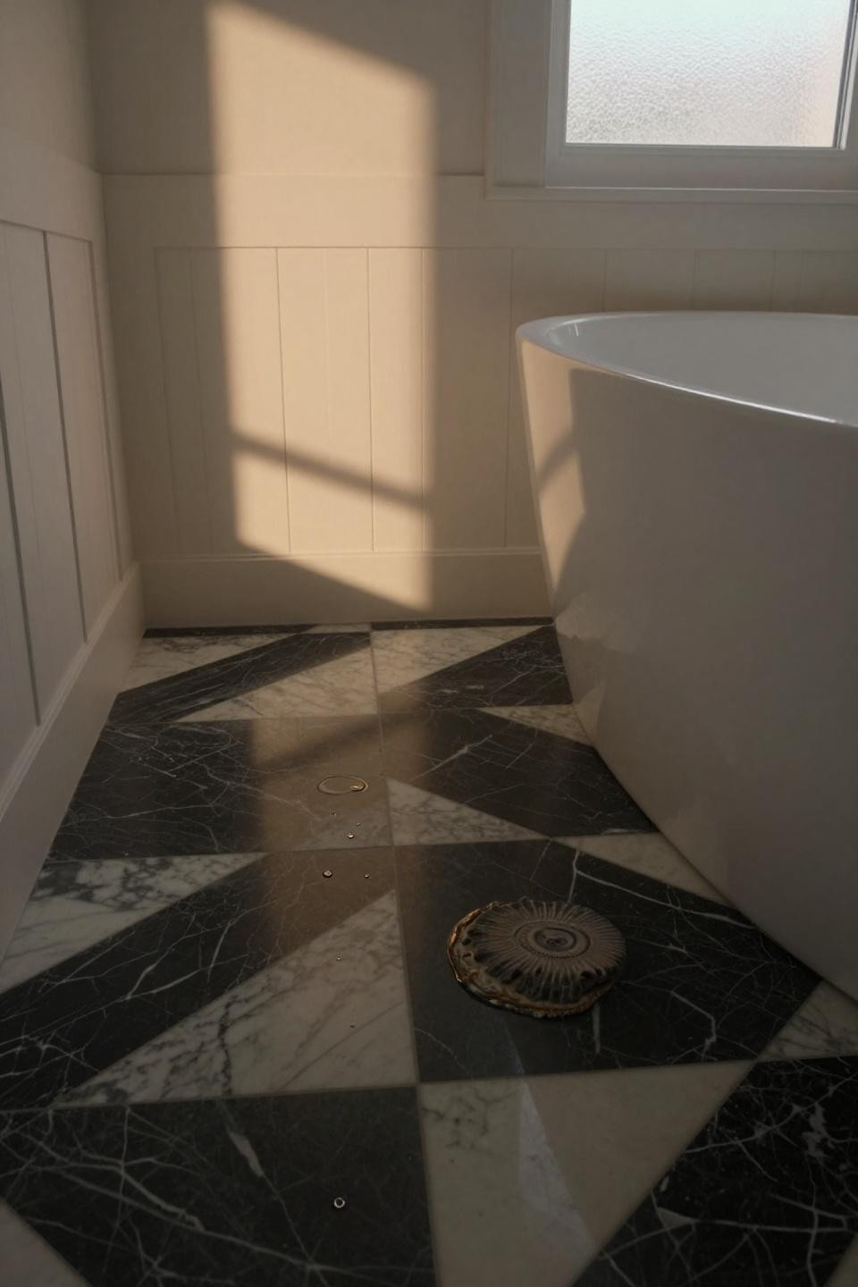 bathroom flooring ideas featuring nero marquina black marble with bold white veining in geometric pattern near freestanding tub