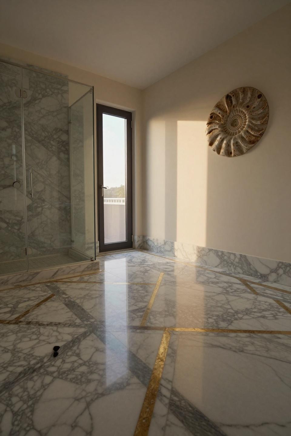 bathroom flooring ideas showcasing polished nero marquina marble with white veining and antiqued brass inlays in master ensuite
