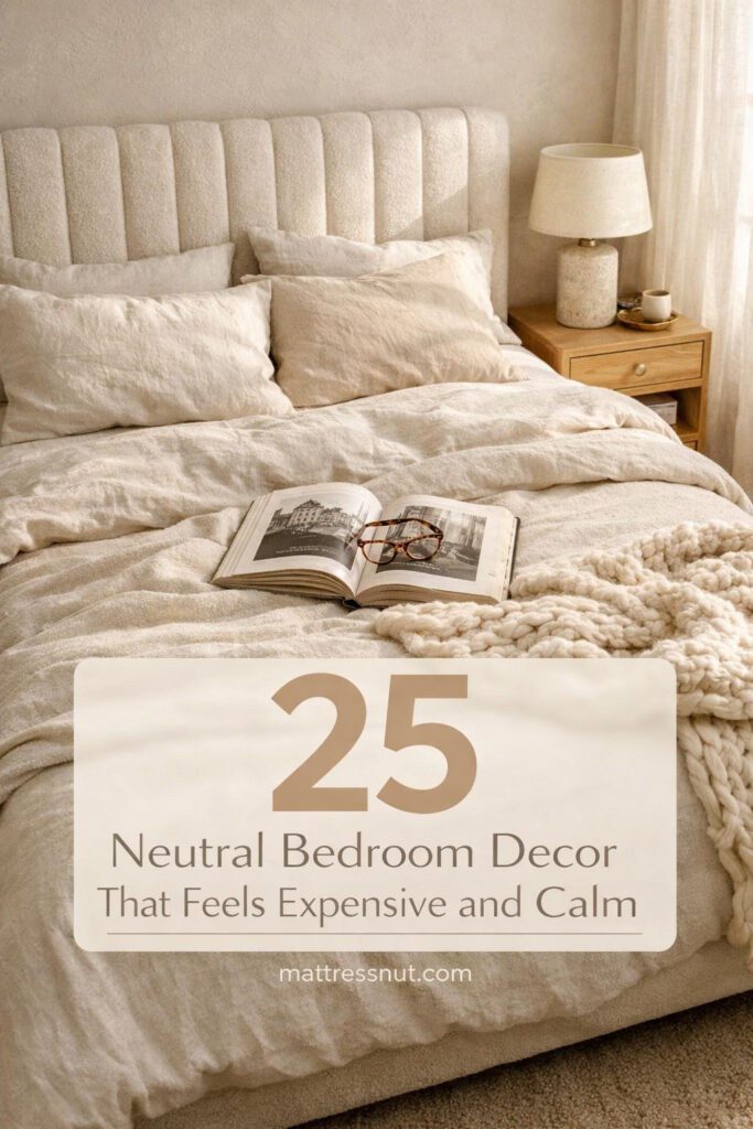 Spacious neutral bedroom featuring cream bedding, beige walls, natural wood furniture, soft linen textures, and minimalist decor