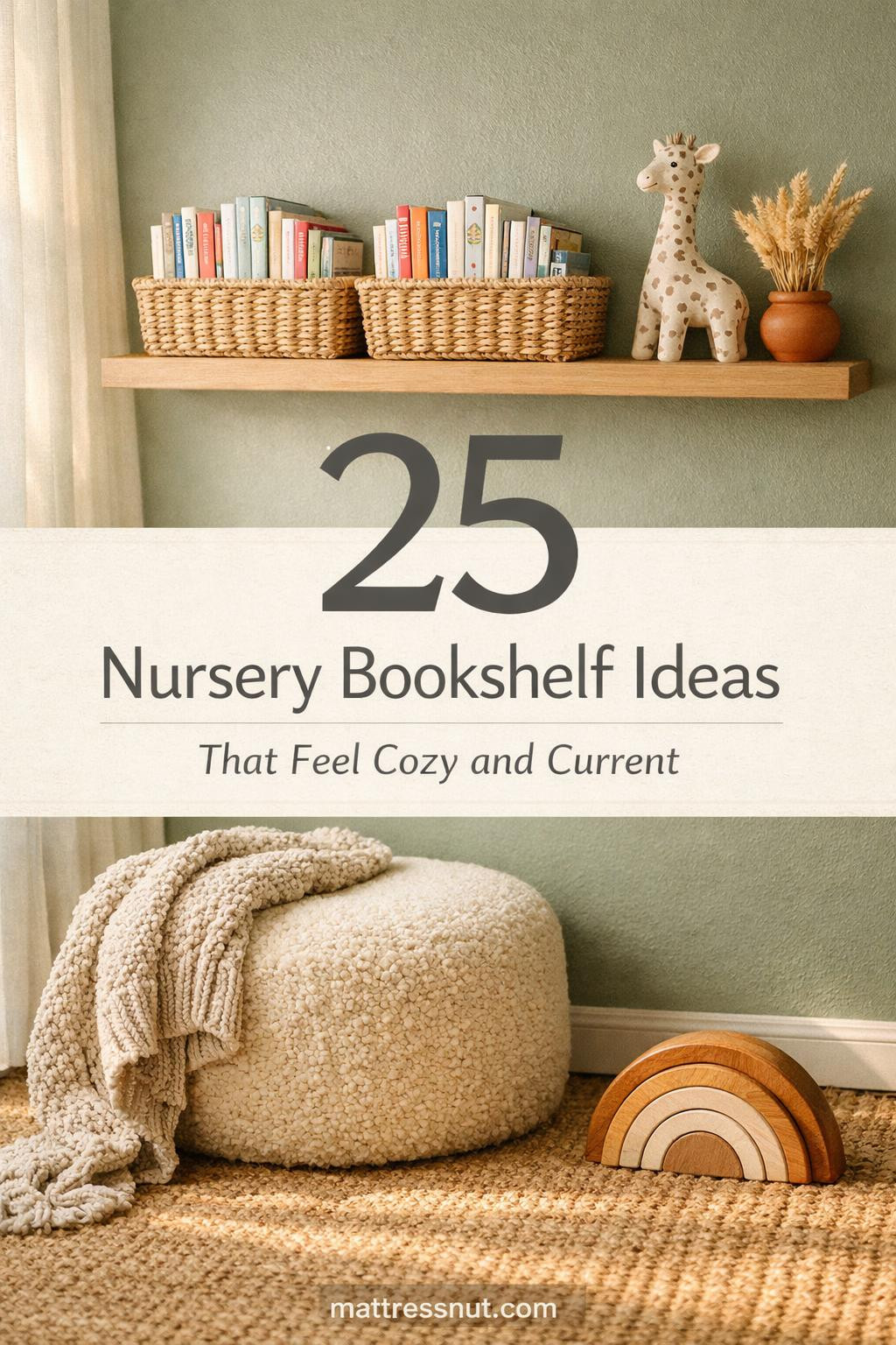 White wall-mounted bookshelf in nursery displaying colorful children's books, soft toys, and decorative storage bins