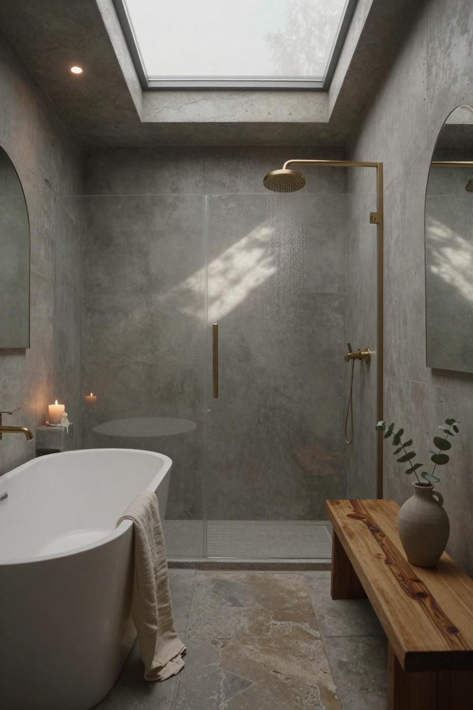 walk through showers featuring raw concrete floors and arched brass mirror in copenhagen warehouse with steam and natural light