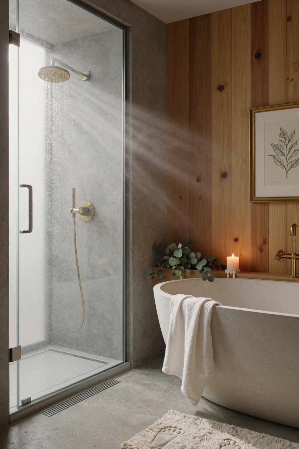 open shower bathrooms with poured concrete floor and honey teak slat accent wall beside freestanding bathtub in warehouse conversion