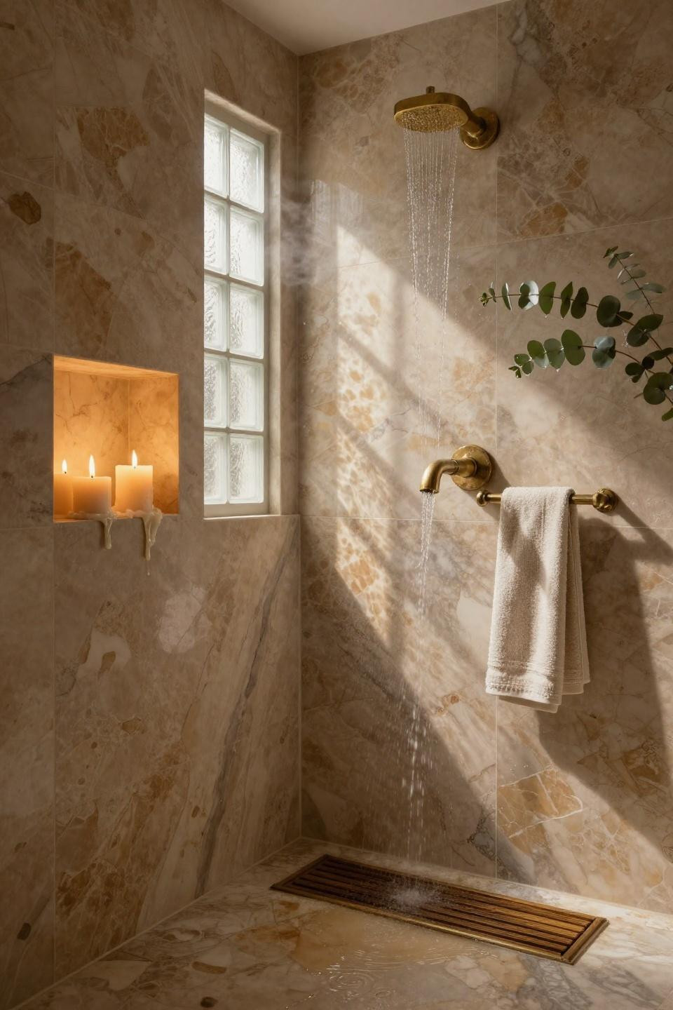 doorless shower design with hand cut cross travertine tiles and wall mounted brass waterfall faucet in milan penthouse