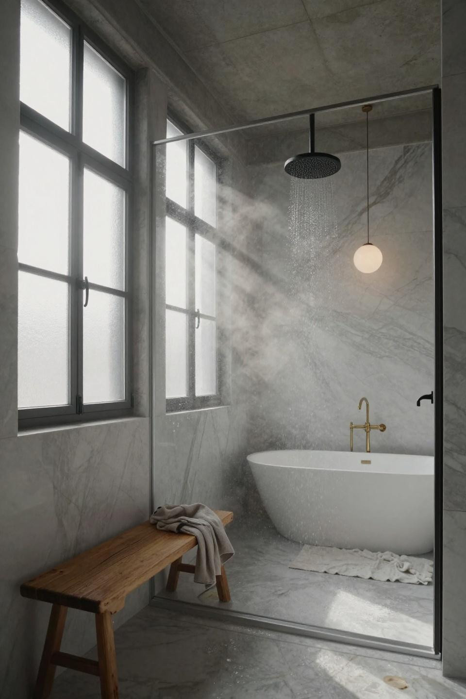 bathroom shower area with book matched bianco dolomiti marble and linear drain in copenhagen warehouse loft