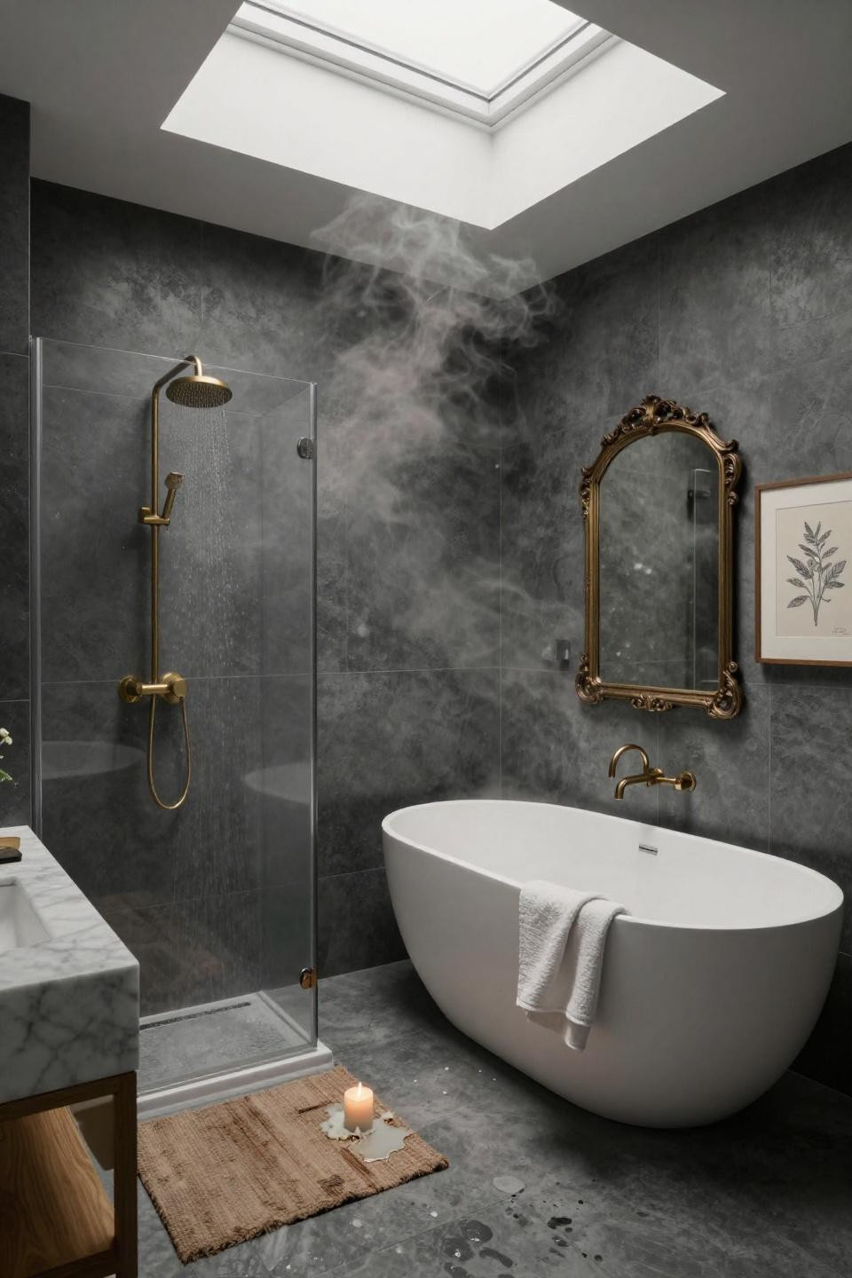 open shower bathrooms with egg shaped soaking tub and ornate brass framed mirror serving as shower splashback