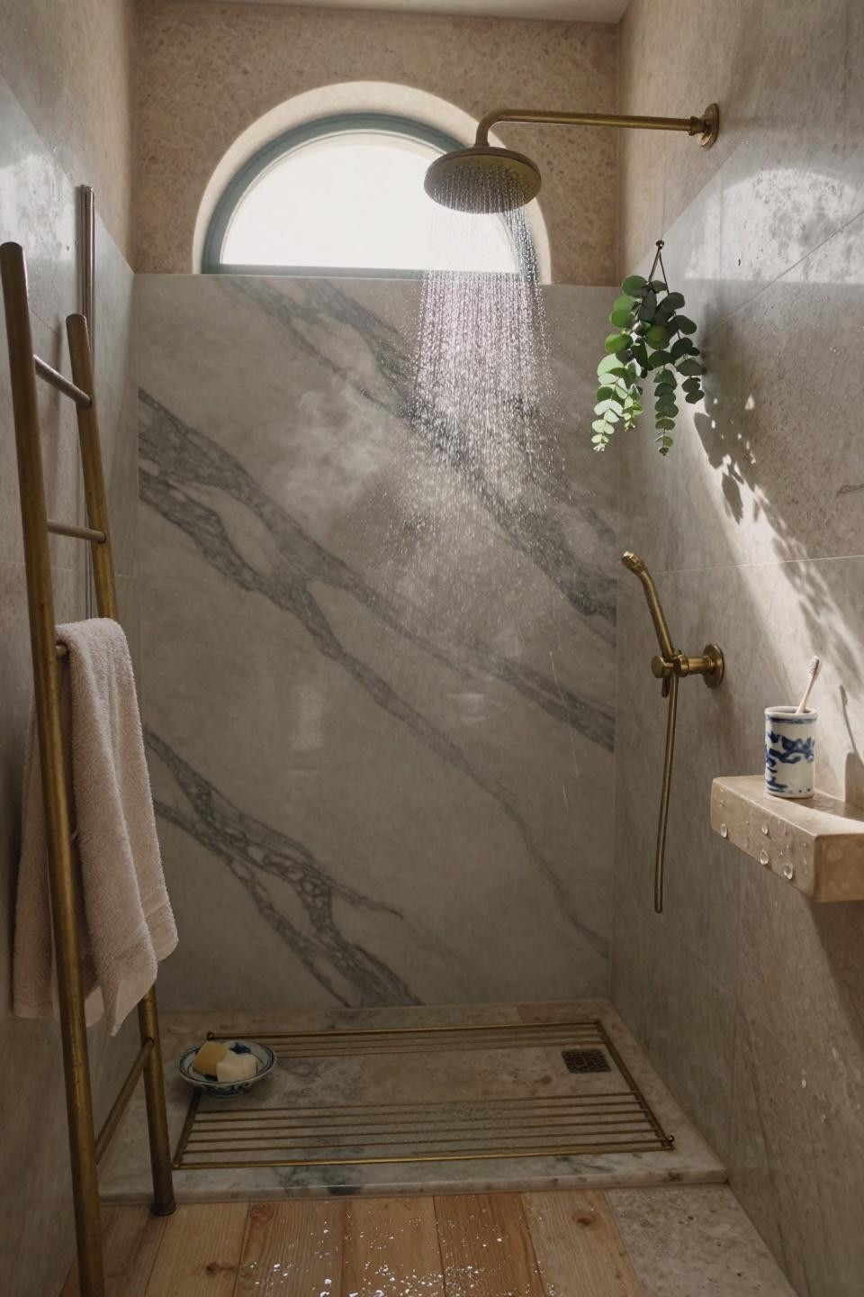 doorless showers walk in with book matched calacatta marble panel and warm teak flooring in amalfi coast villa