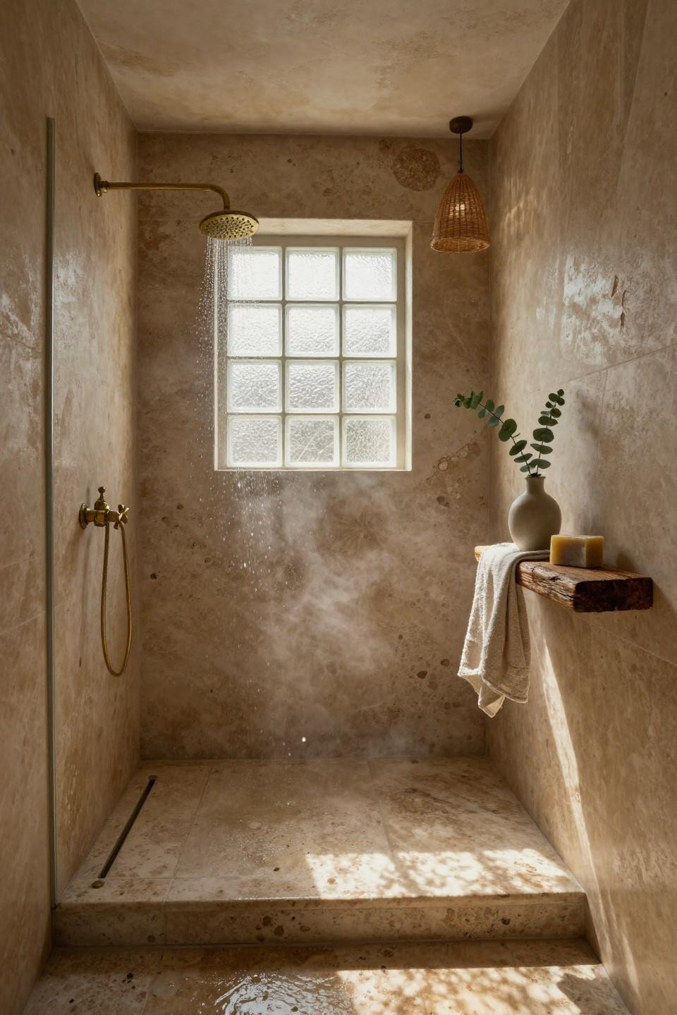 enclosed shower ideas featuring hand chiseled travertine walls with natural pitting and vintage brass cross handle fixtures
