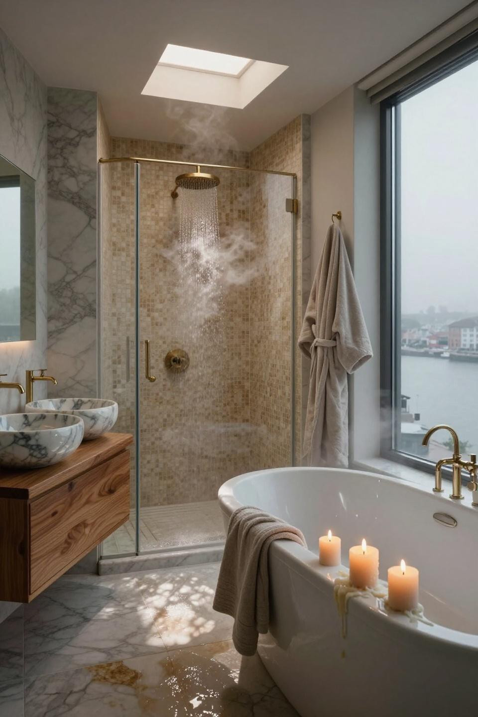 zero entry shower ideas with honey travertine and carrara marble basket weave mosaic floor in copenhagen penthouse bathroom