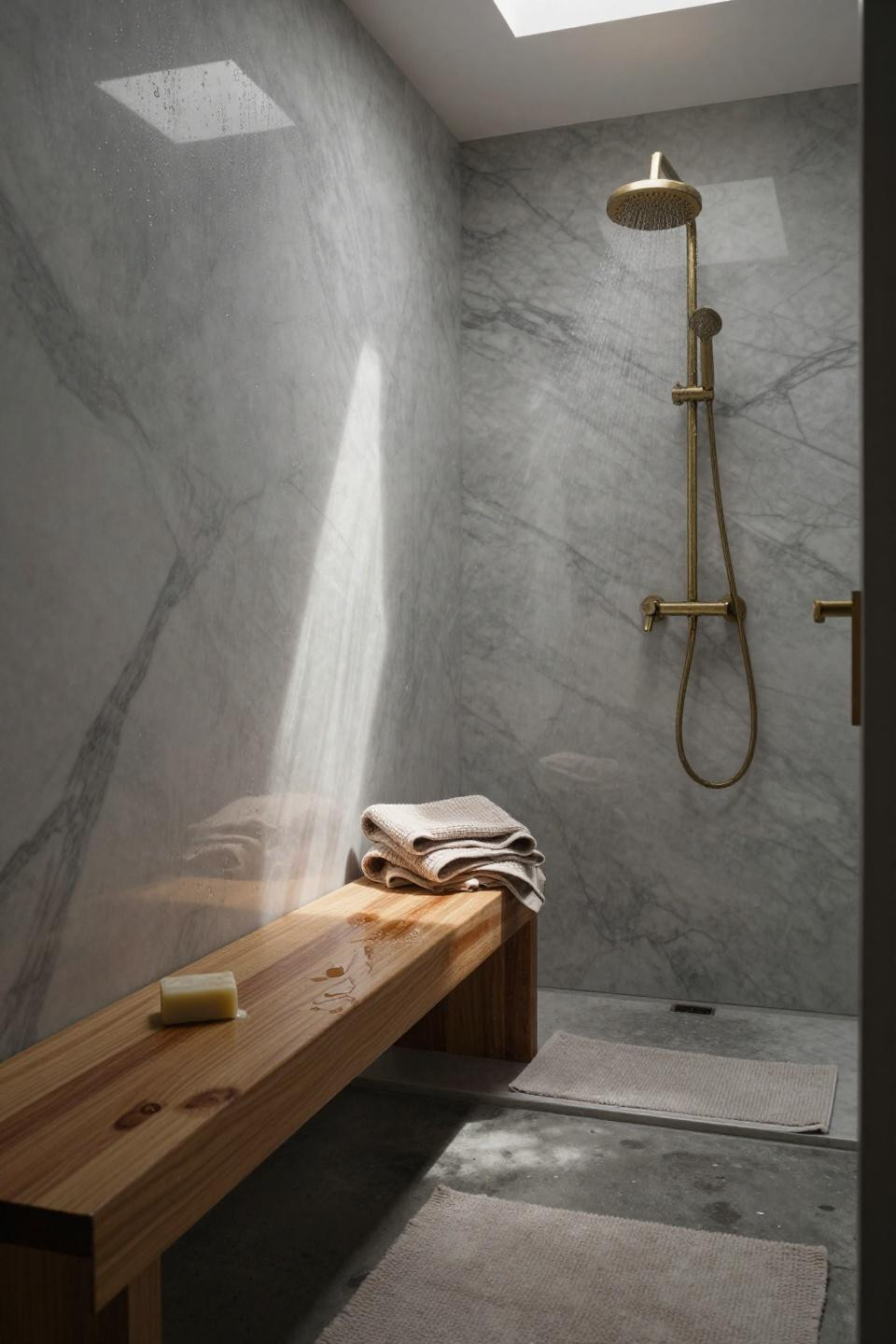 enclosed shower ideas featuring built in teak bench and book matched calacatta marble with zero threshold concrete floor