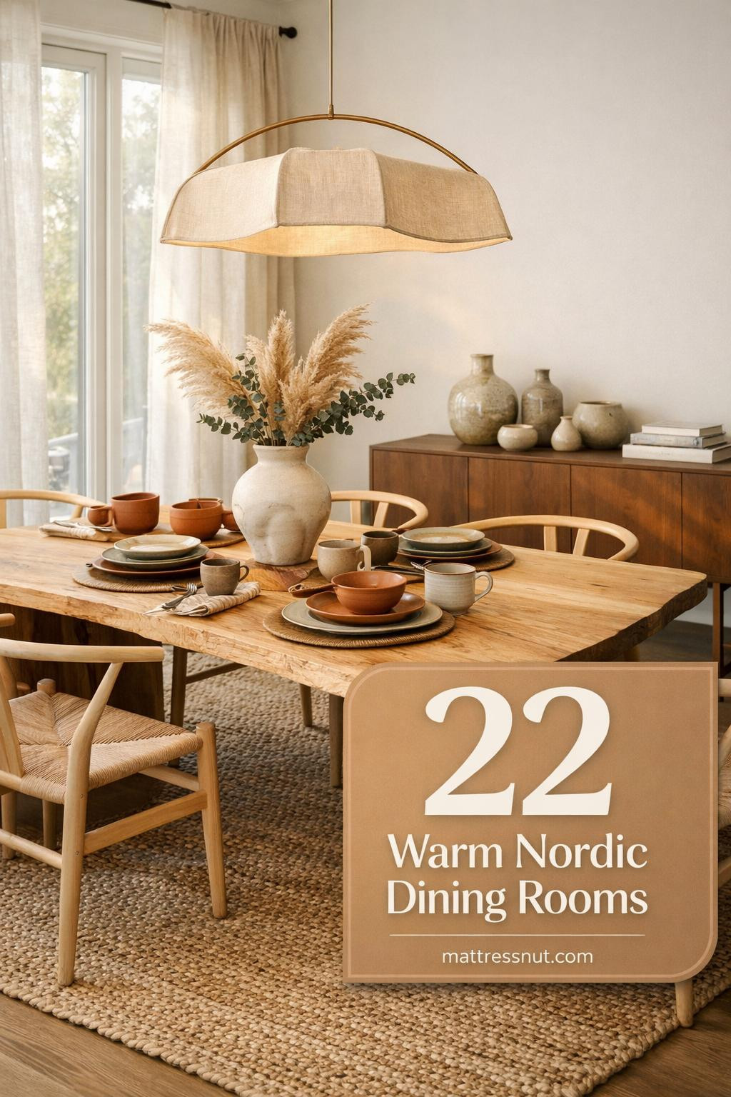 Dining room featuring light wood table, white chairs, pendant lighting, and large windows with natural Nordic light