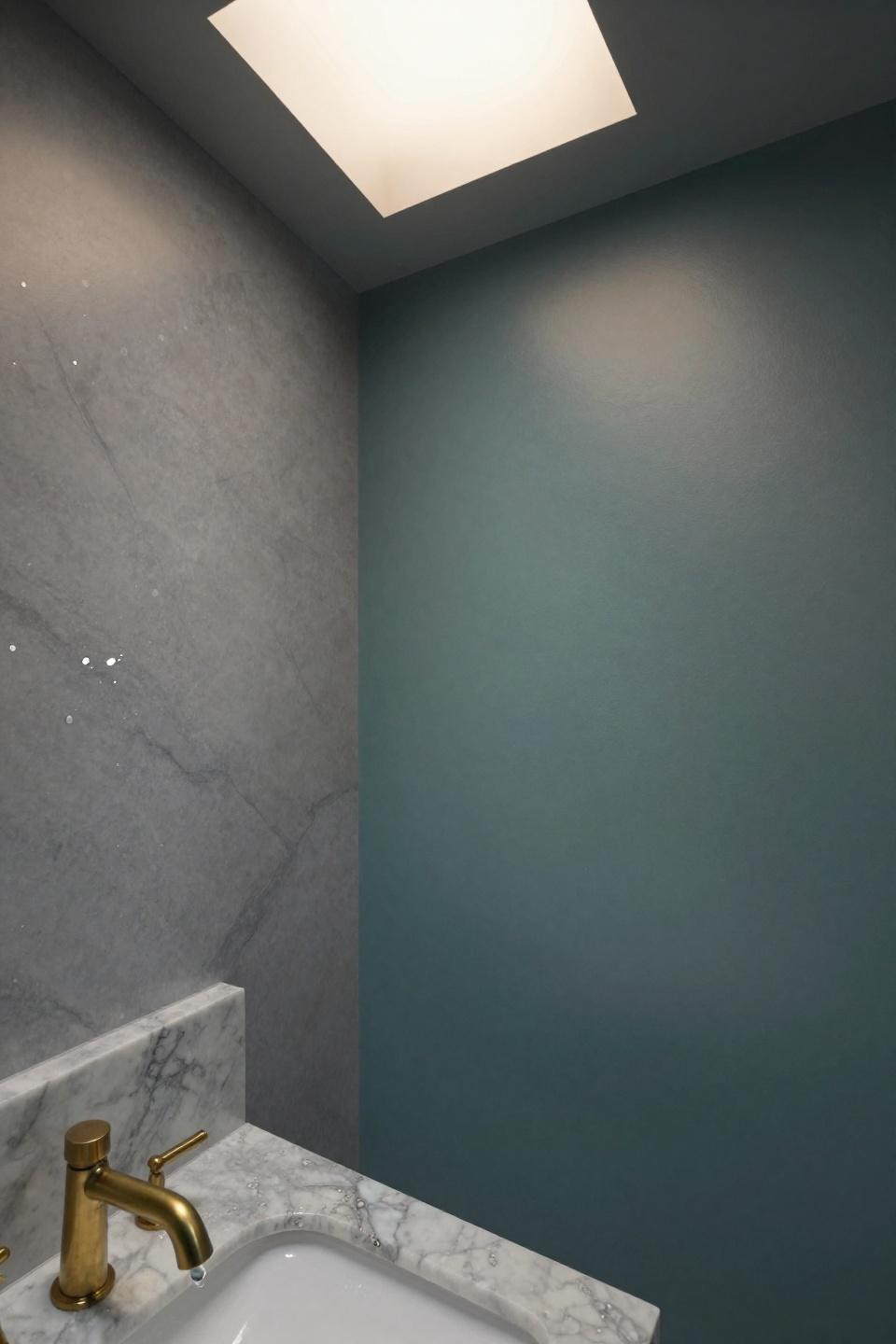 oxidized copper teal bathroom paint color shifting from teal to grey with mica crystals and unlacquered brass fixtures