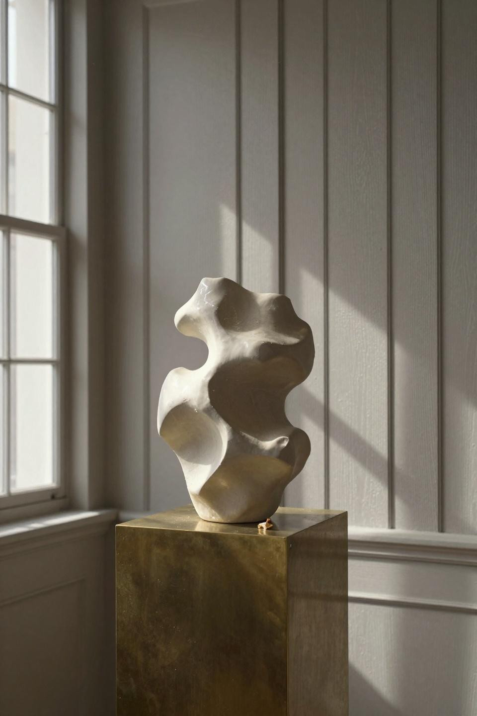 painted beadboard walls in warm greige with ivory ceramic sculpture on brass pedestal copenhagen gallery room