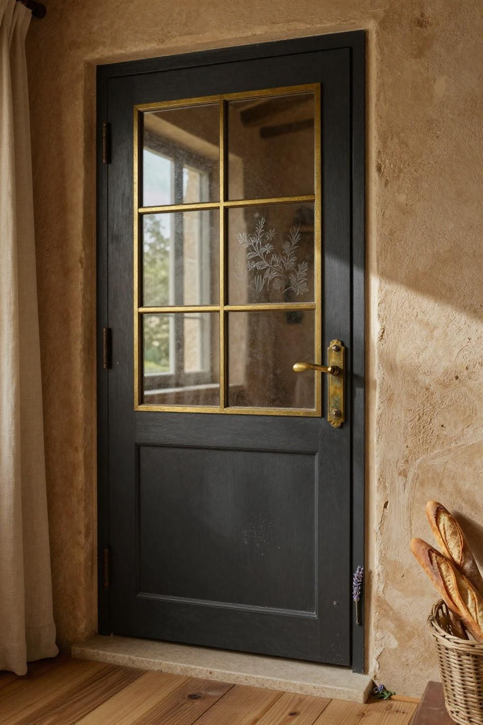 two-tone pantry door with matte charcoal lower panel and frosted glass upper panels with brass framework