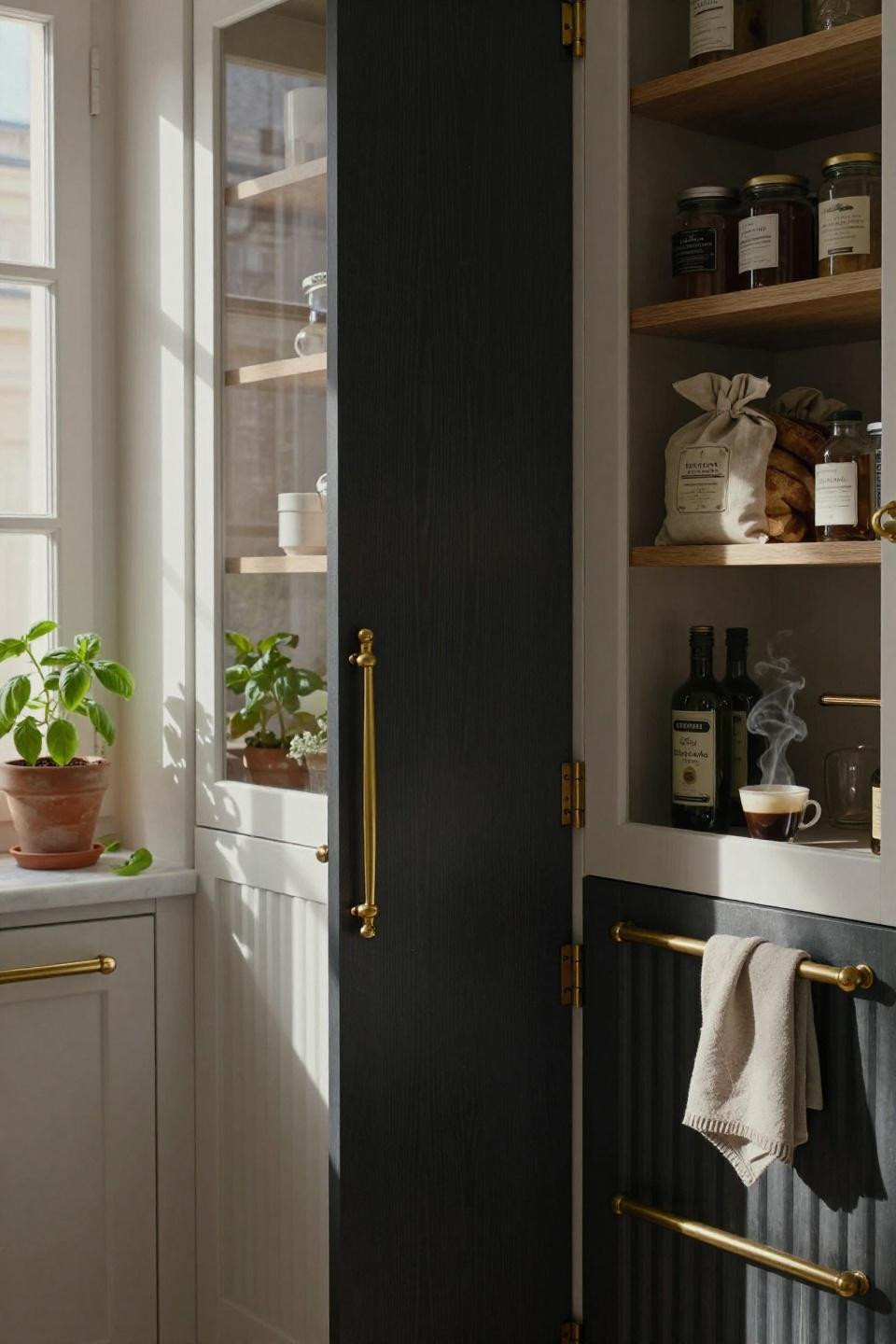charcoal painted pantry door with fluted glass panels and brass hardware beside white oak shelving