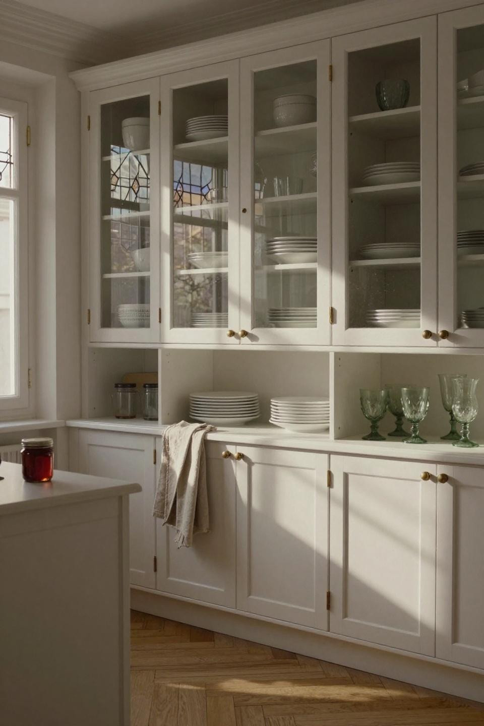 white shaker pantry cabinets with glass front doors and unlacquered brass hardware showing stacked dinnerware