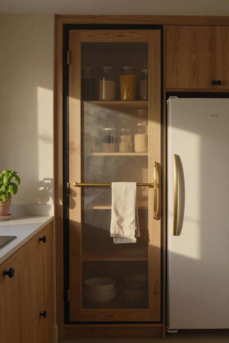 pantry door with frosted glass panels and unlacquered brass hardware in parisian kitchen with marble countertops
