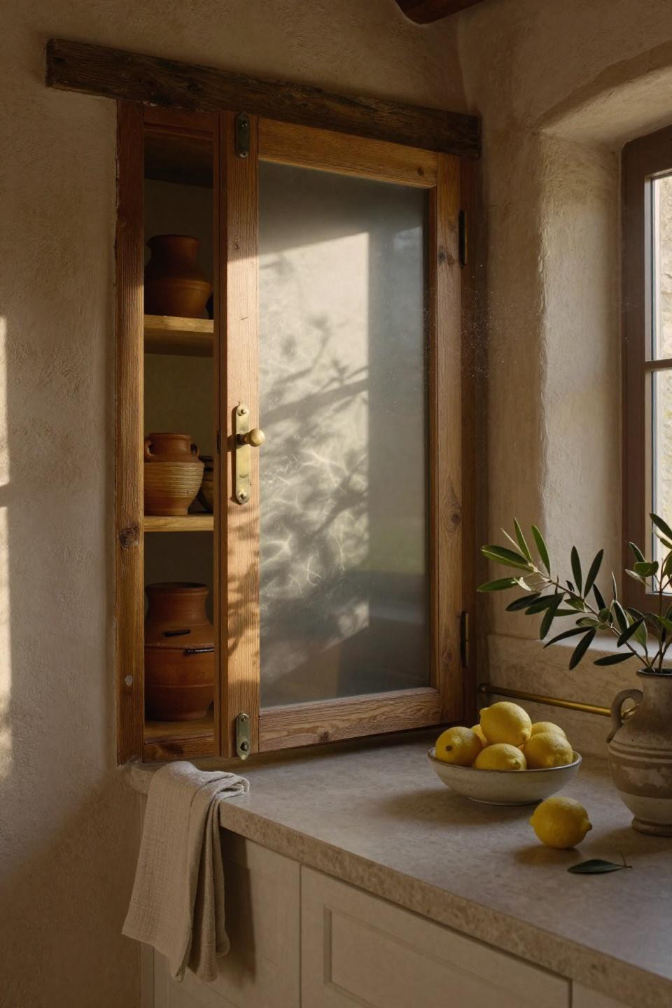 frosted glass pantry door with honey oak frame and unlacquered brass hardware beside travertine countertop