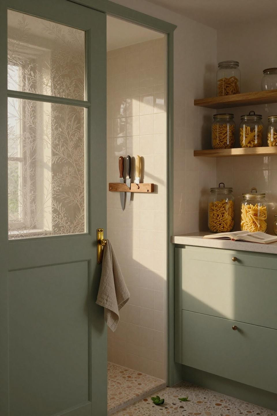 sage green pantry door with frosted glass upper panel revealing magnetic knife strip on moroccan zellige tile