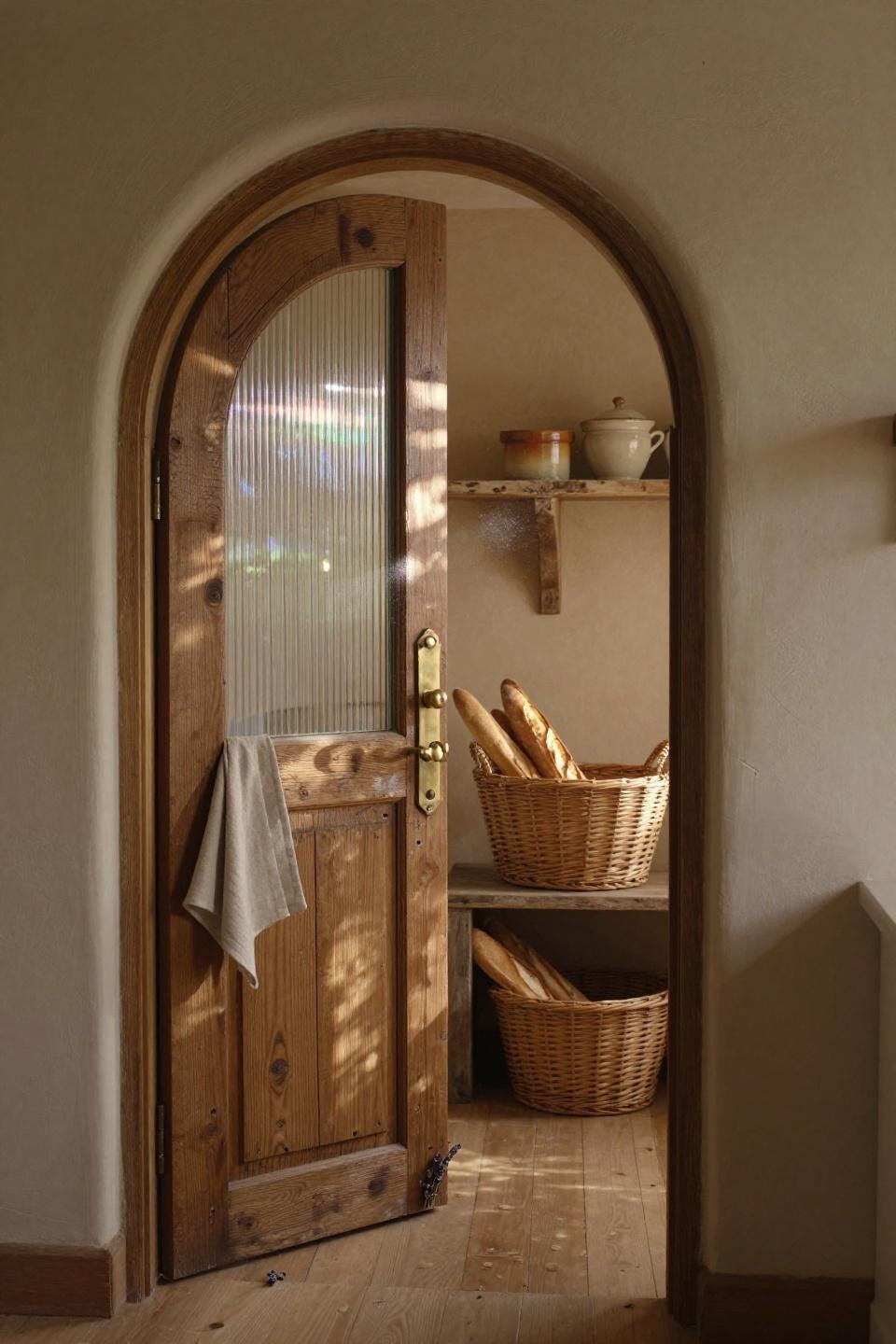 hand-carved arched pantry door with reclaimed oak planks and fluted glass panel insert