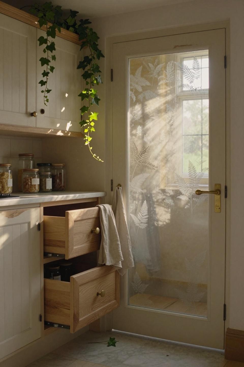 frosted glass pantry door with delicate fern etching and oak pull-out pantry drawers with brass pulls