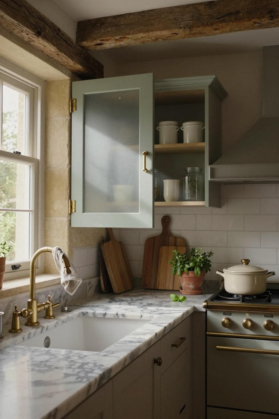farmhouse pantry door beside la cornue range with pot-filler faucet and calacatta quartz countertops