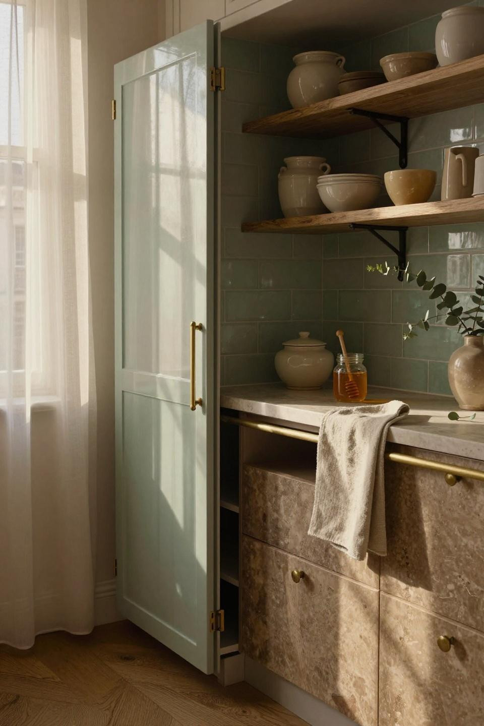 pantry door with vertical fluted glass beside celadon green ceramic tile backsplash and brass hardware
