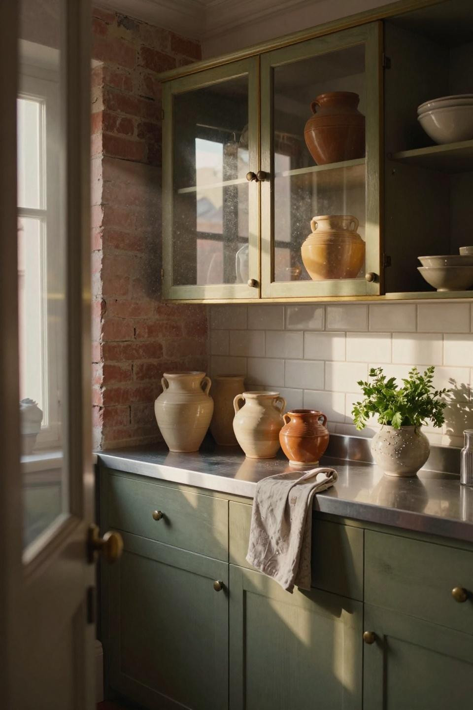 butler's pantry with wavy glass cabinet doors and terracotta pottery visible through half-open door