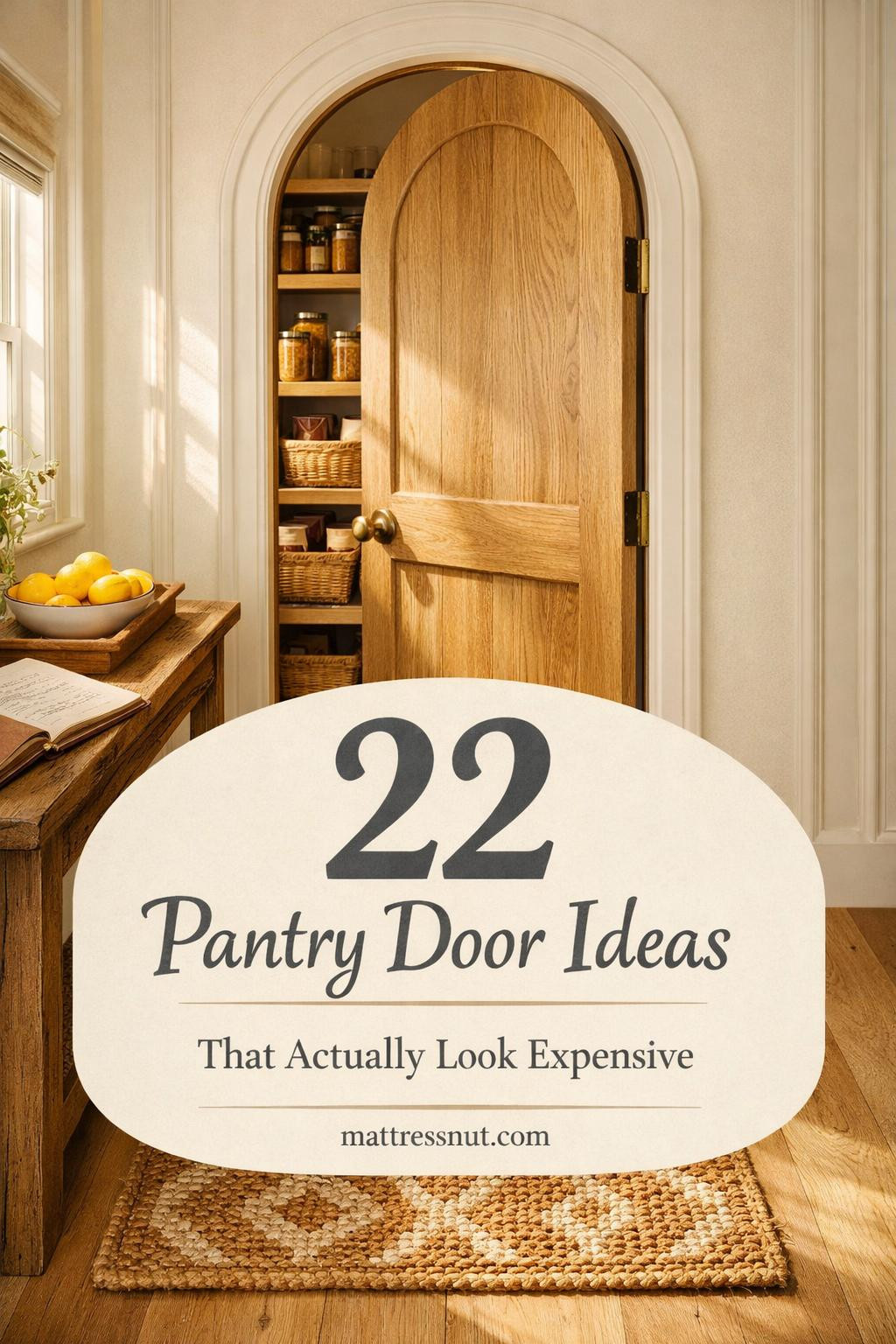 Elegant frosted glass pantry door with black frame in modern white kitchen featuring open shelving and organized storage