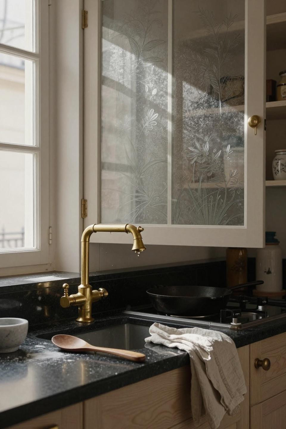 pantry door with frosted glass beside professional range and black granite countertops with brass pot filler