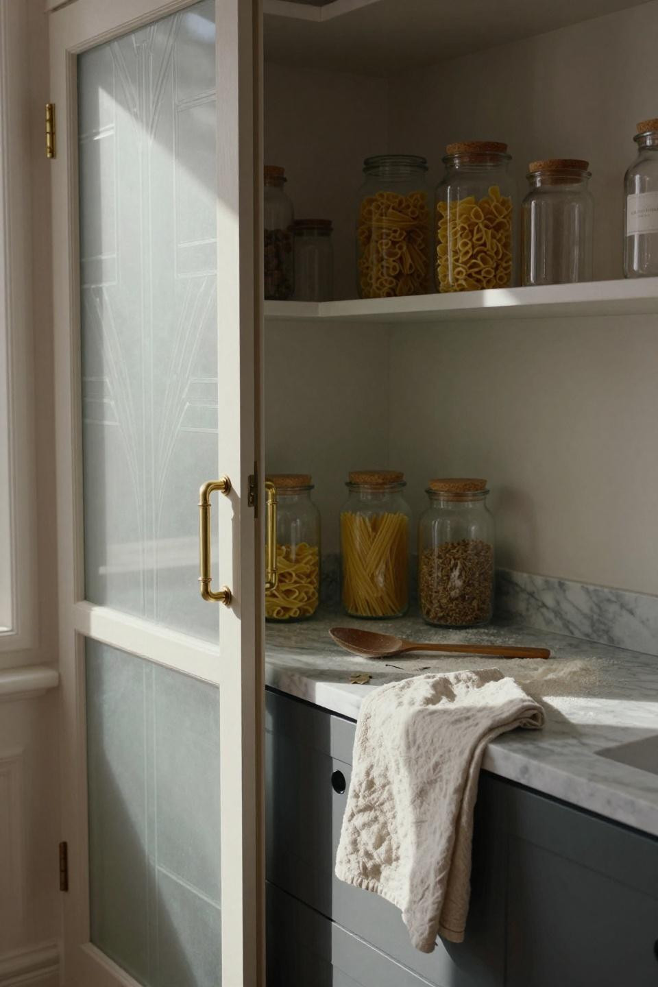 butler's pantry door makeover with frosted glass and brass hardware showing organized jars inside