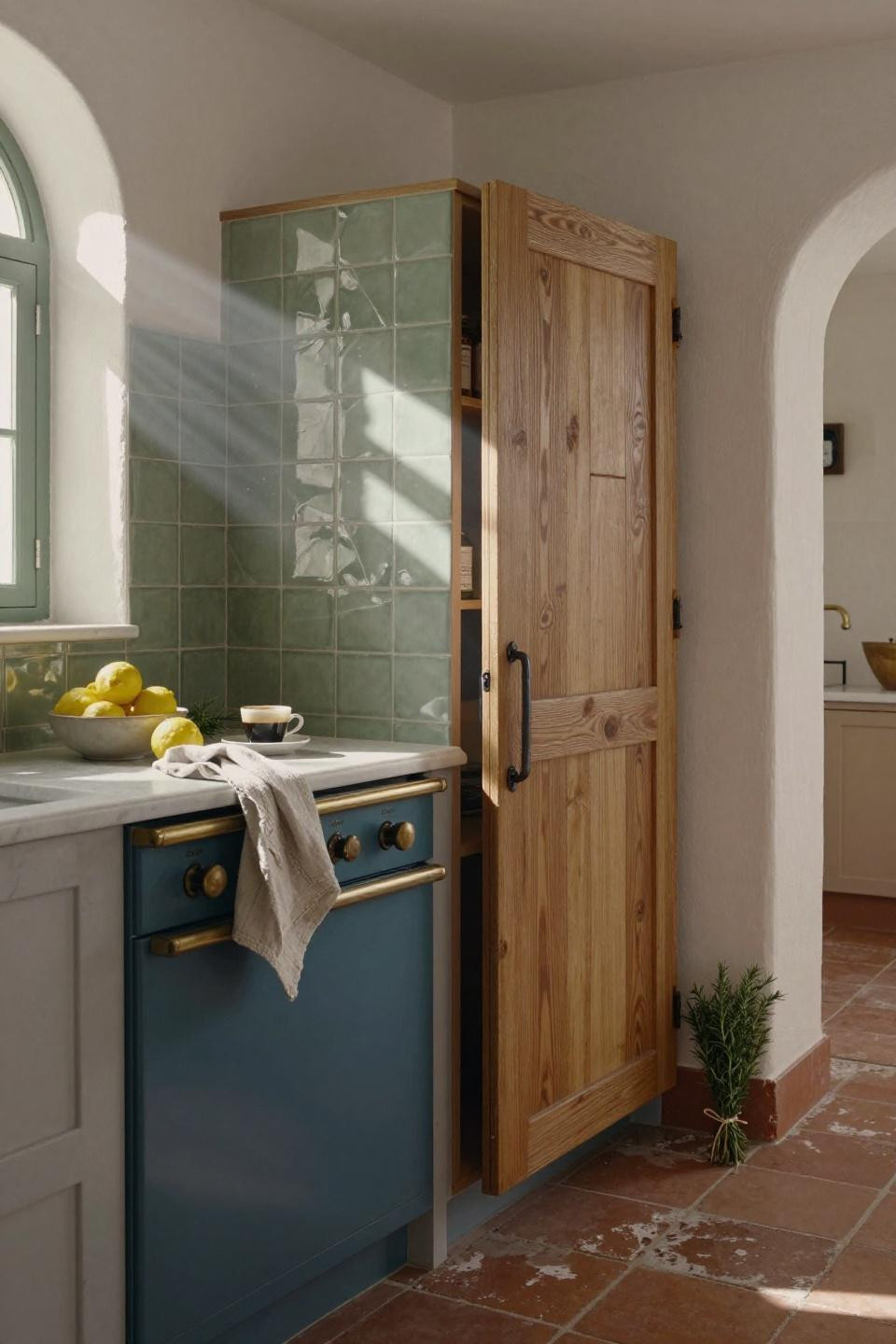 reclaimed oak pantry door with hand-forged iron hardware beside peacock blue la cornue range