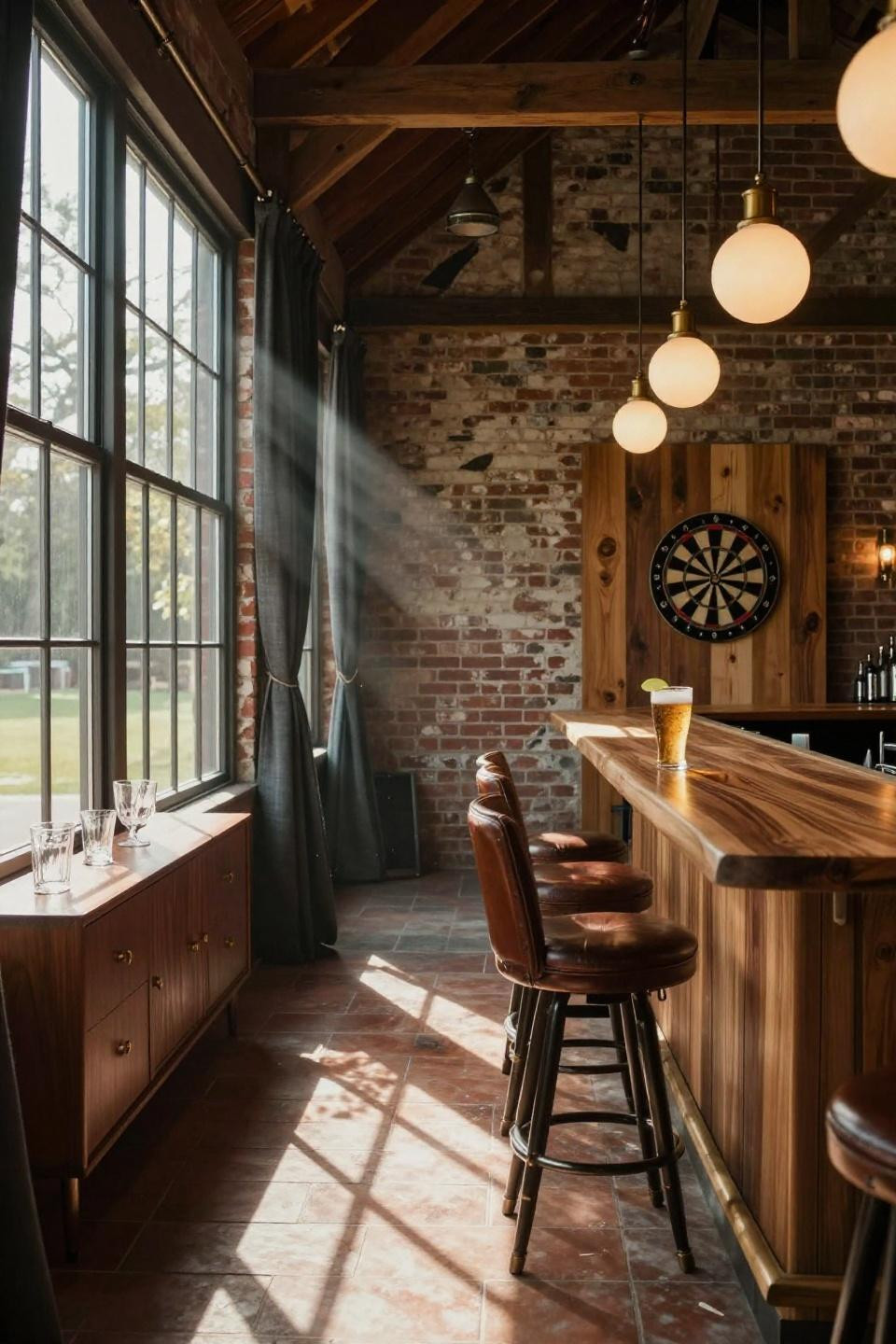 party barn interior with live edge walnut bar, cognac leather stools, and brass pendant lights in converted vermont barn