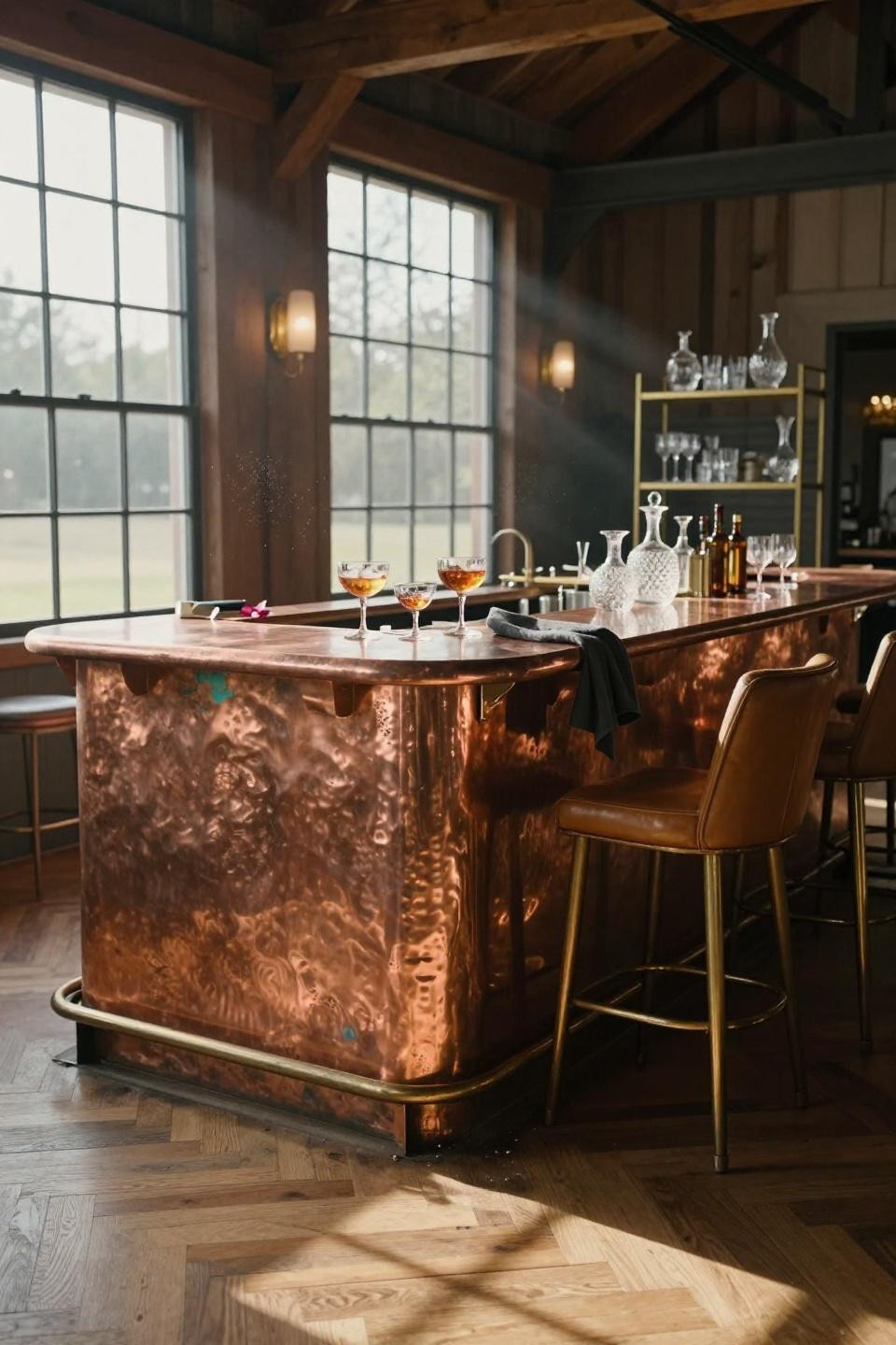 party barn interior with copper topped bar island and herringbone white oak floors in converted catskills barn with brass shelving