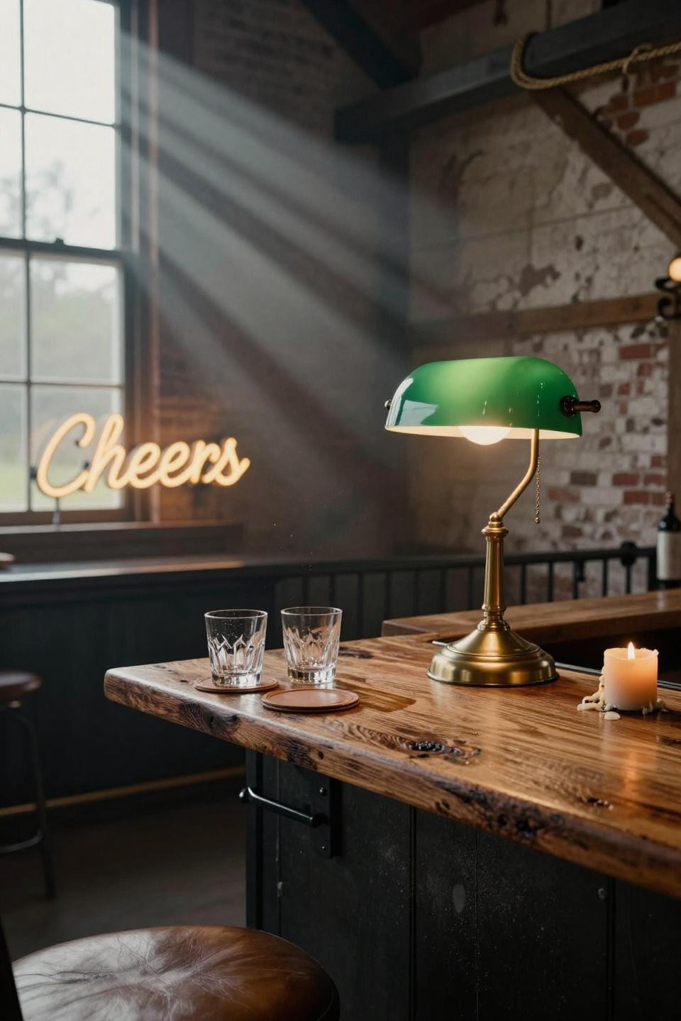 party barn interior closeup of vintage brass and green glass banker lamp on reclaimed oak bar with neon cheers sign in vermont barn