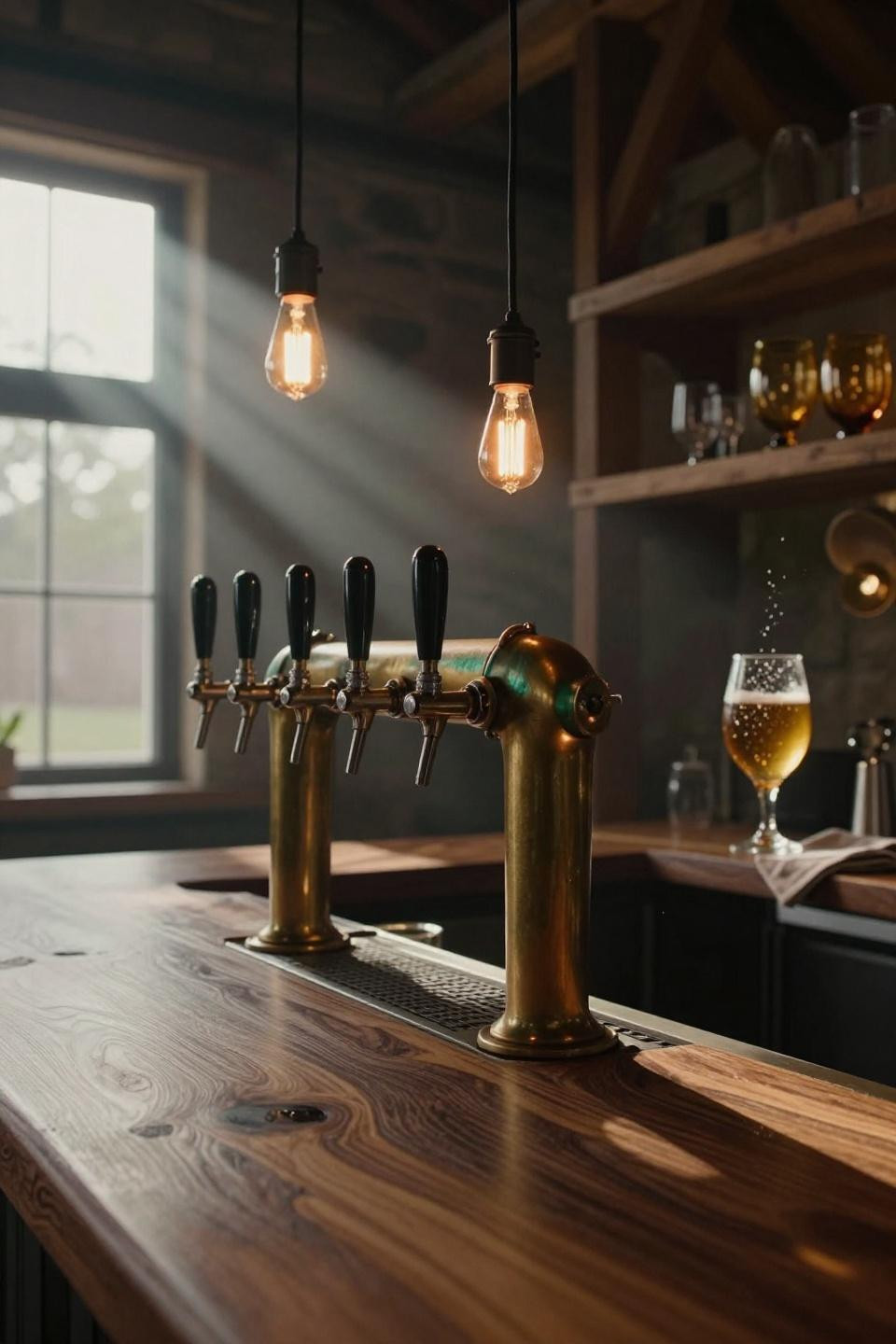 party barn interior closeup of unlacquered brass beer taps with green patina on dark walnut bar with edison bulb lighting