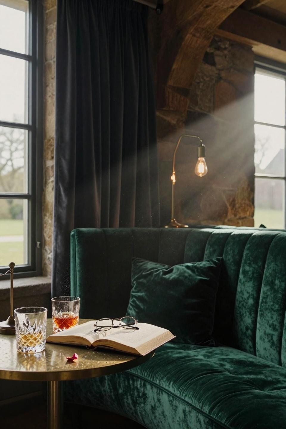 party barn interior with emerald green velvet tufted banquette seating and unlacquered brass lamp in converted stone barn