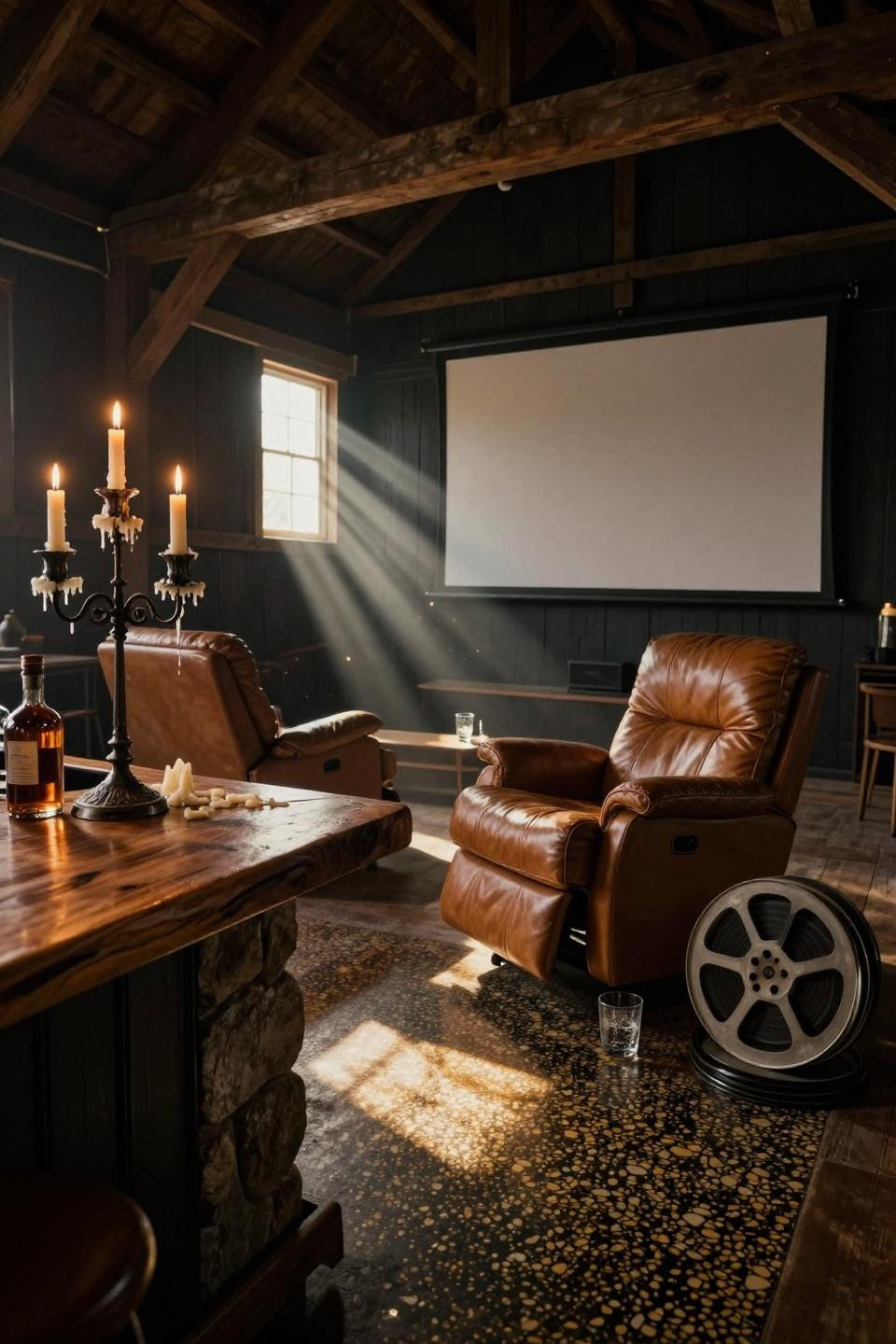 party barn interior with projection screen, cognac leather recliners, and terrazzo floor in converted vermont dairy barn