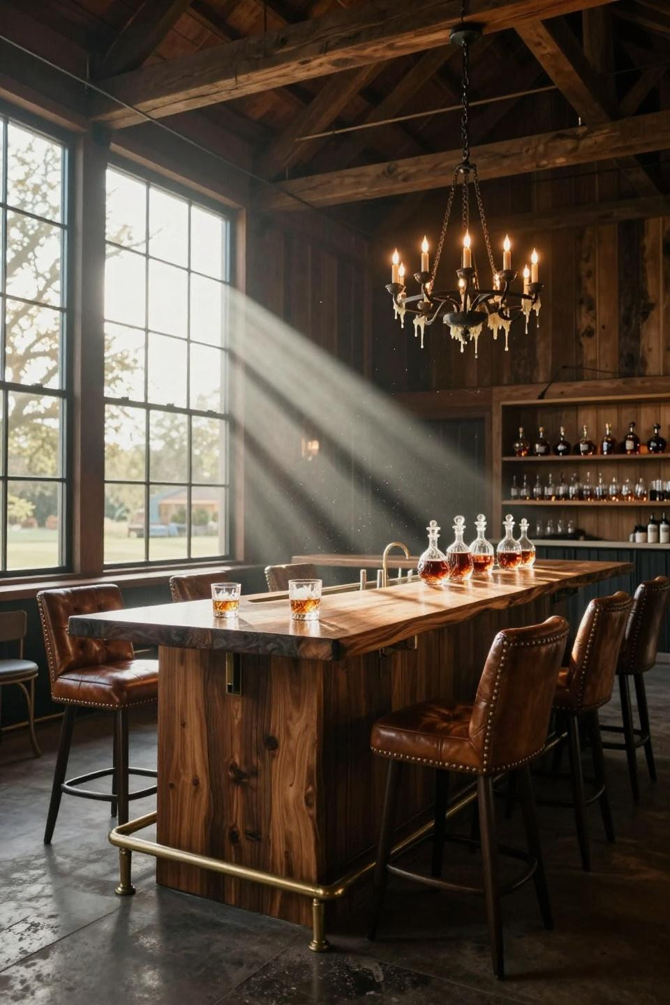 party barn interior with 20 foot live edge walnut bar and floor to ceiling steel windows in converted napa valley estate barn