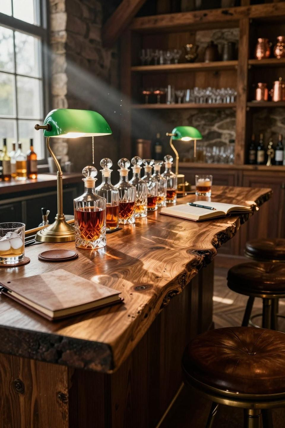 party barn interior barrel aged cocktail station with live edge black walnut bar and crystal decanters in pennsylvania stone barn