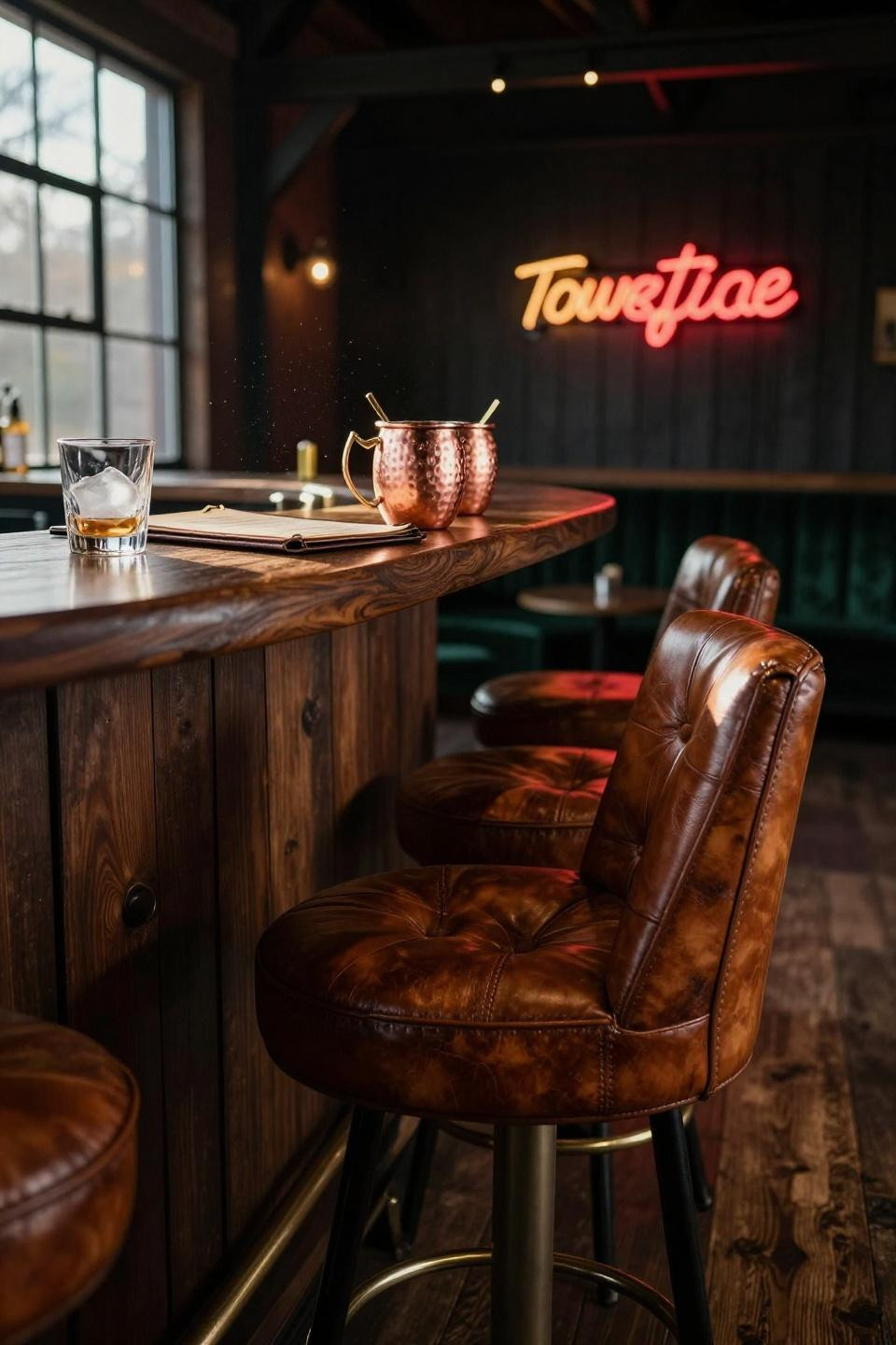 party barn interior closeup of tufted cognac leather bar stools and dark walnut counter with neon cocktail sign in catskills barn