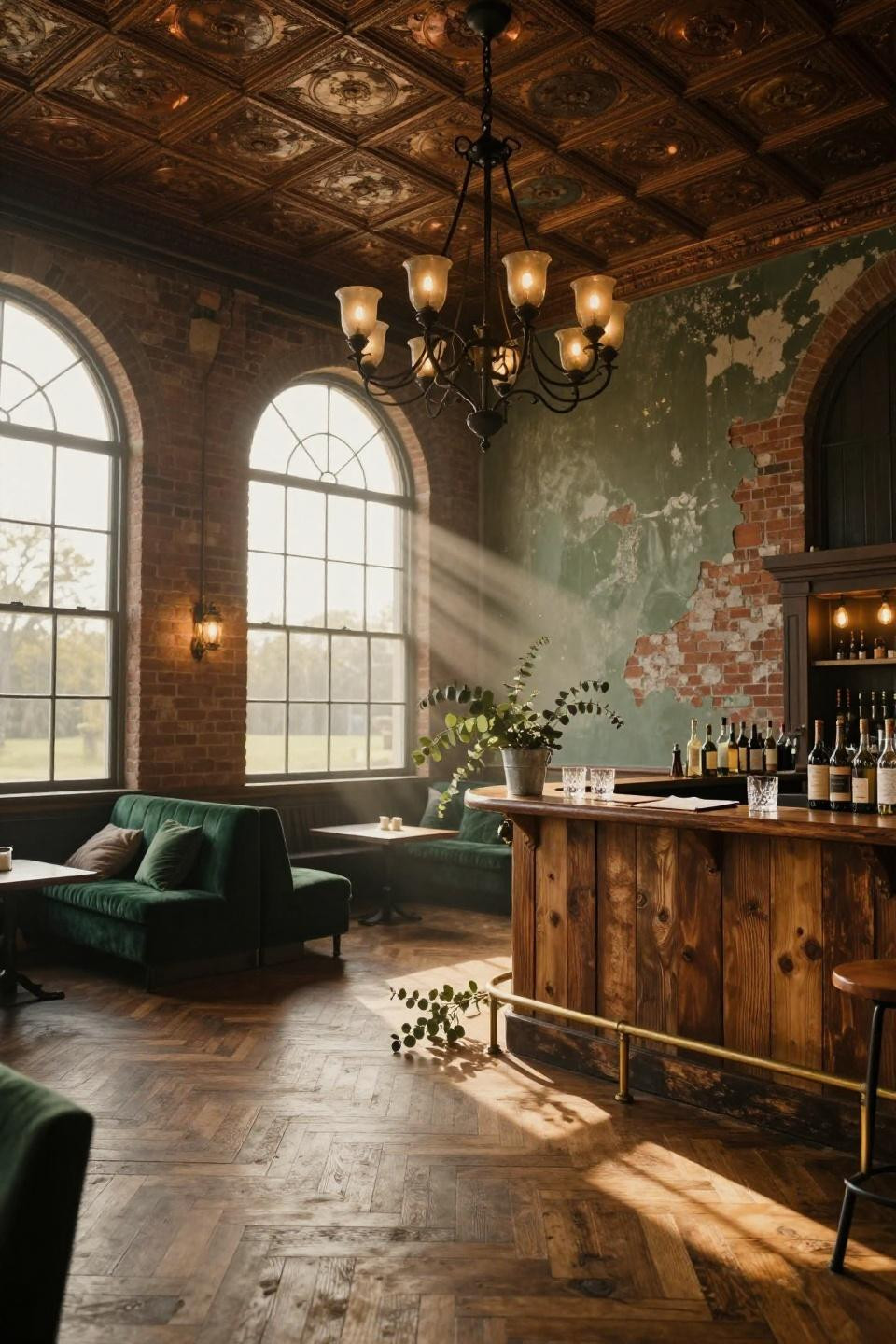 party barn interior wide angle view of cathedral ceiling event space with herringbone oak floors and iron chandelier in upstate new york