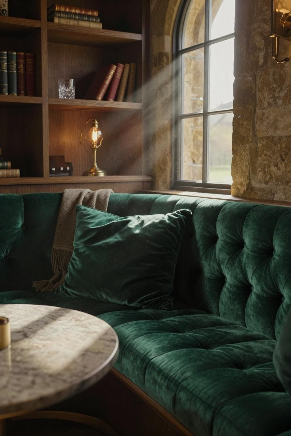 party barn interior detail of emerald velvet banquette with brass lamp and smoked oak built ins in cotswold stone barn