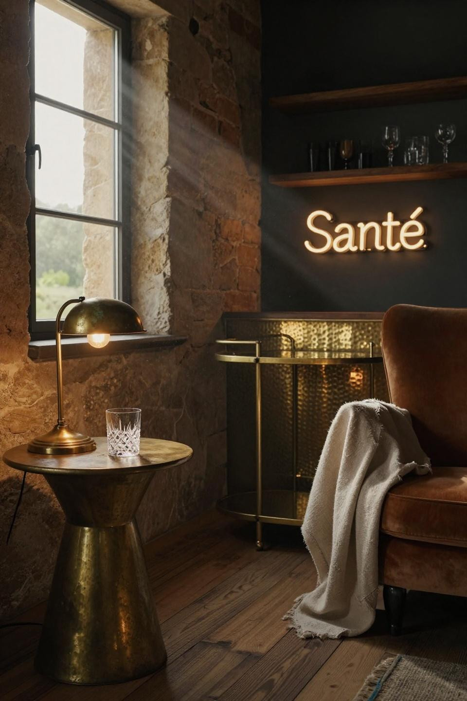party barn interior with custom sante neon sign and unlacquered brass bar cart in converted french barn with limestone walls