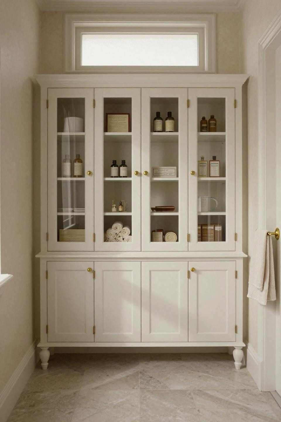 pearl lacquer bathroom cabinets with glass inserts unlacquered brass hardware and wainscoting frame