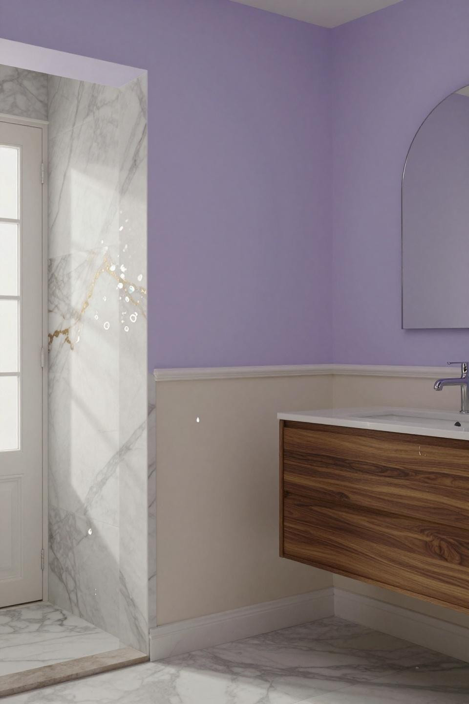 periwinkle accent wall master bathroom paint with cream wainscoting and calacatta marble walls featuring golden veining